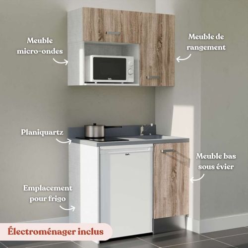 Kitchenette K00 - Bois - Plan Monobloc Cromo évier à Droite - Electroménager Blanc Inclus