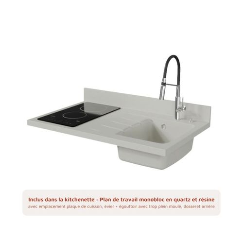 Kitchenette K00 - Blanc - Plan Monobloc Snova évier à Droite - Electroménager Blanc Inclus