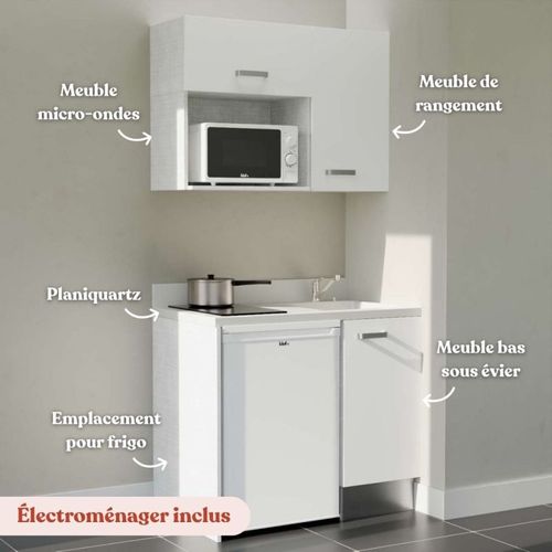 Kitchenette K00 - Blanc - Plan Monobloc Snova évier à Droite - Electroménager Blanc Inclus