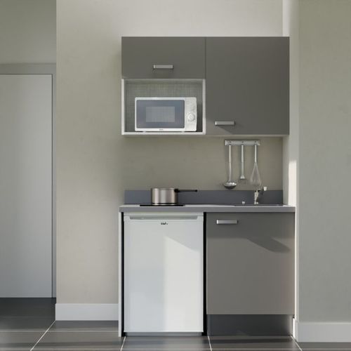 Kitchenette K07 - Gris - Plan Monobloc Cromo évier à Droite - Electroménager Blanc Inclus
