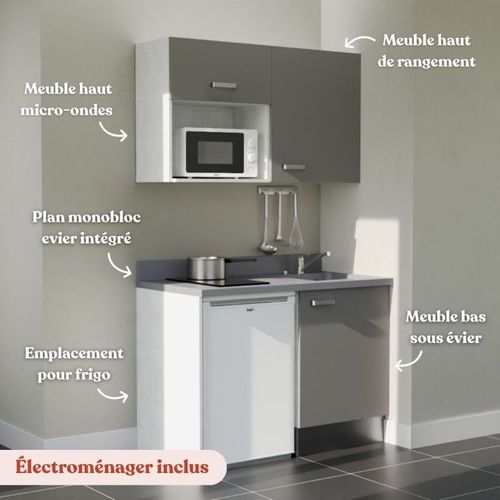 Kitchenette K07 - Gris - Plan Monobloc Cromo évier à Droite - Electroménager Blanc Inclus
