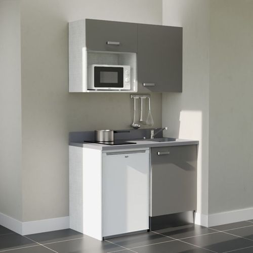 Kitchenette K07 - Gris - Plan Monobloc Cromo évier à Droite - Electroménager Blanc Inclus