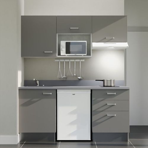 Kitchenette K20 - Gris - Plan Monobloc Cromo évier à Droite - Electroménager Blanc Inclus