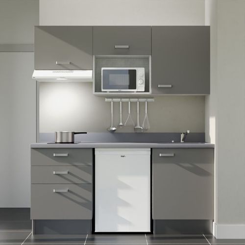 Kitchenette K20 - Gris - Plan Monobloc Cromo évier à Droite - Electroménager Blanc Inclus