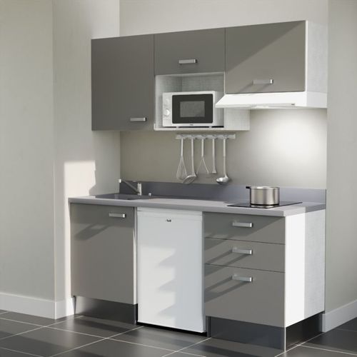 Kitchenette K20 - Gris - Plan Monobloc Cromo évier à Droite - Electroménager Blanc Inclus