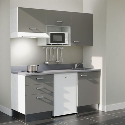 Kitchenette K20 - Gris - Plan Monobloc Cromo évier à Droite - Electroménager Blanc Inclus