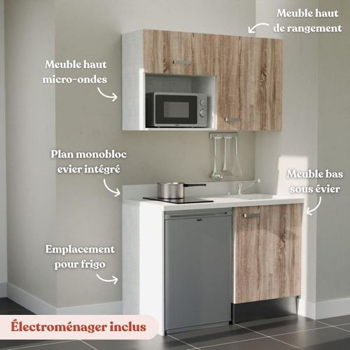 Kitchenette K07 - Bois - Plan Monobloc Snova évier à Droite - Electroménager Inox Inclus