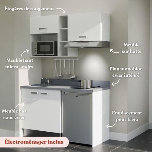 Kitchenette K13 - Blanc - Plan Monobloc Cromo évier à Gauche - Electroménager Inox Inclus