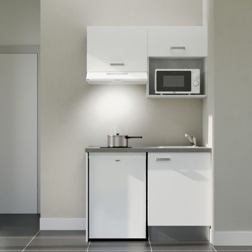 Kitchenette K02 - Façades : Blanc - Plan Travail : Gris Béton - Crédences : Non - électro : Blanc