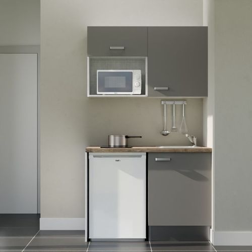 Kitchenette K07 - Façades : Gris - Plan Travail : Bois - Crédences : Non - électro : Blanc