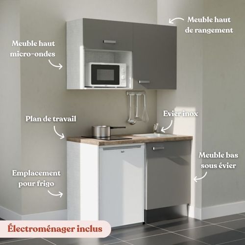 Kitchenette K07 - Façades : Gris - Plan Travail : Bois - Crédences : Non - électro : Blanc