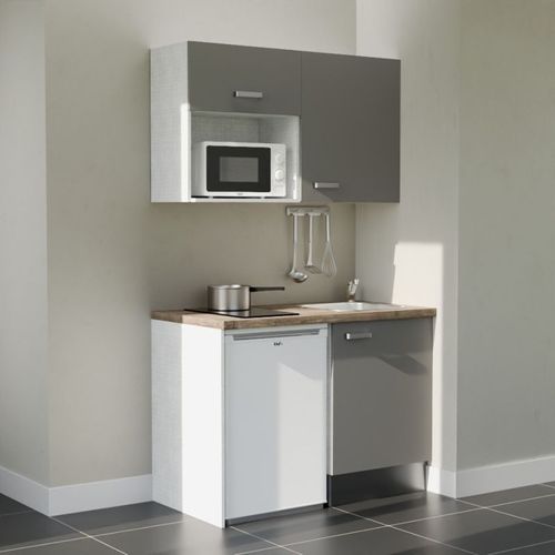 Kitchenette K07 - Façades : Gris - Plan Travail : Bois - Crédences : Non - électro : Blanc