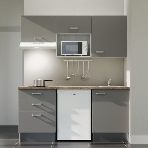 Kitchenette K20 - Façades : Gris - Plan Travail : Bois - Crédences : Non - électro : Blanc