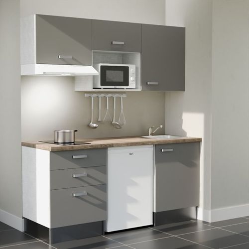 Kitchenette K20 - Façades : Gris - Plan Travail : Bois - Crédences : Non - électro : Blanc