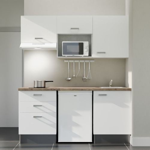 Kitchenette K20 - Façades : Blanc - Plan Travail : Bois - Crédences : Non - électro : Blanc