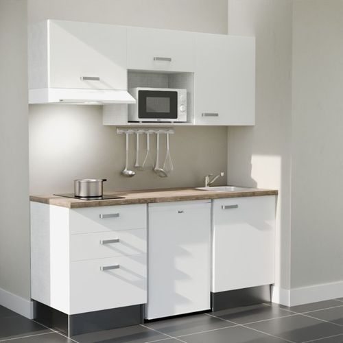 Kitchenette K20 - Façades : Blanc - Plan Travail : Bois - Crédences : Non - électro : Blanc