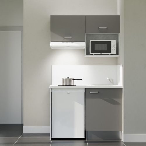 Kitchenette K02 - Façades : Gris - Plan Travail : Blanc - Crédences : Oui - électro : Blanc