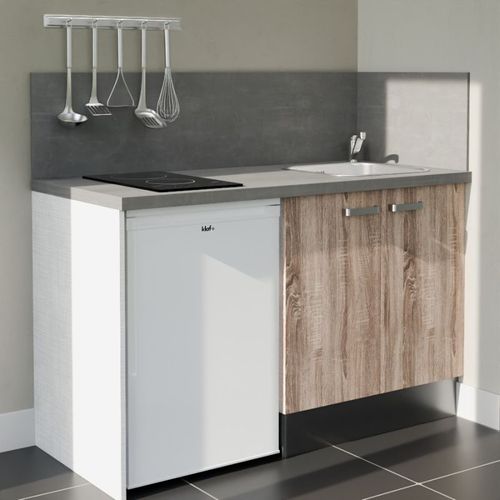 Kitchenette K17l-pt - 140 Cm-façade Bois-plan Gris Béton-evier Inox-crédences Oui+electro Blanc
