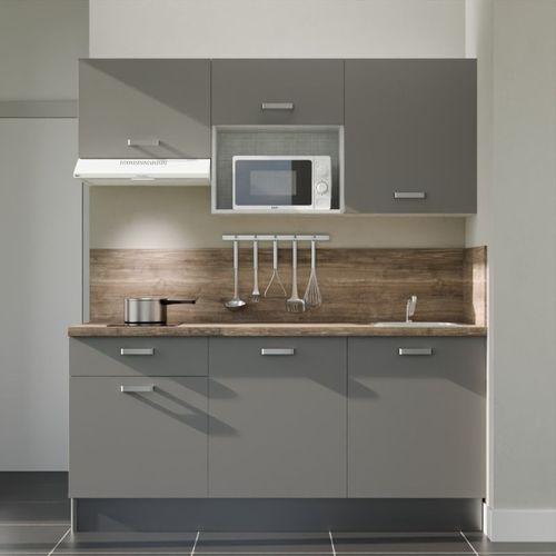 Kitchenette K30 - Façades : Gris - Plan Travail : Bois - Crédences : Oui - électro : Blanc