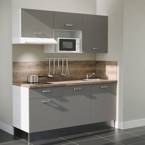 Kitchenette K30 - Façades : Gris - Plan Travail : Bois - Crédences : Oui - électro : Blanc