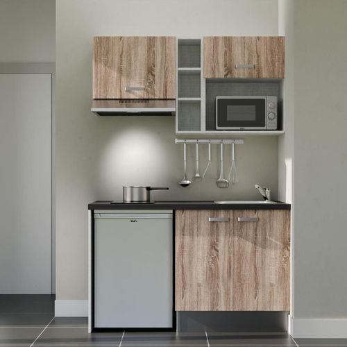 Kitchenette K13 - Façades : Bois - Plan Travail : Noir Texturé - Crédences : Non - électro : Inox