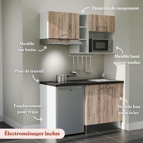 Kitchenette K13 - Façades : Bois - Plan Travail : Noir Texturé - Crédences : Non - électro : Inox