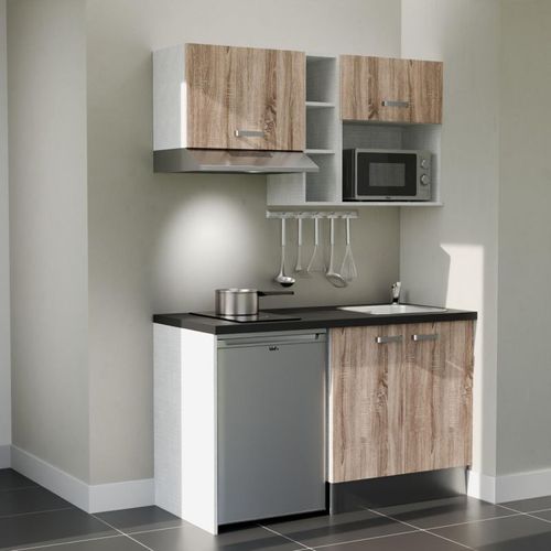 Kitchenette K13 - Façades : Bois - Plan Travail : Noir Texturé - Crédences : Non - électro : Inox