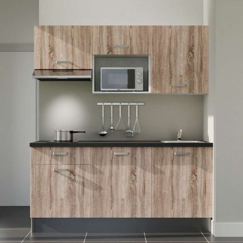 Kitchenette K30 - Façades : Bois - Plan Travail : Noir Texturé - Crédences : Non - électro : Inox