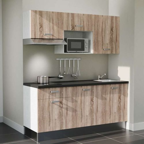 Kitchenette K30 - Façades : Bois - Plan Travail : Noir Texturé - Crédences : Non - électro : Inox