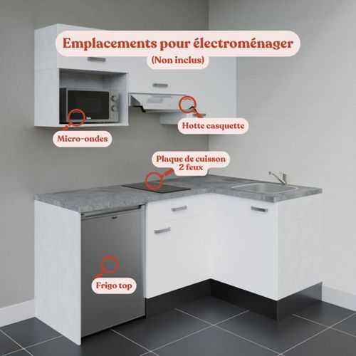 Kitchenette Ka03 - Blanc - Plan Stratifié Gris Béton - Crédences : Non - Evier