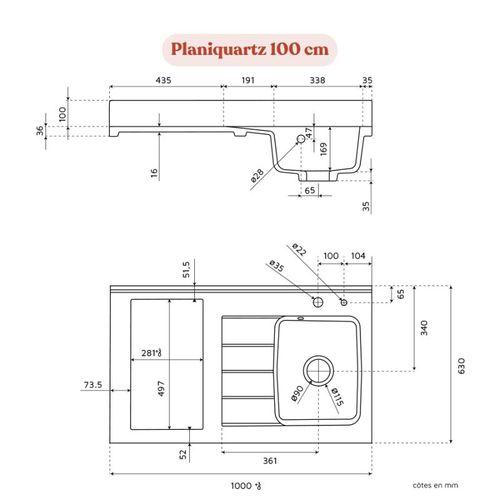 Plan Monobloc évier à Gauche 100 Cm - Snova - Plaque De Cuisson : Vitrocéramique