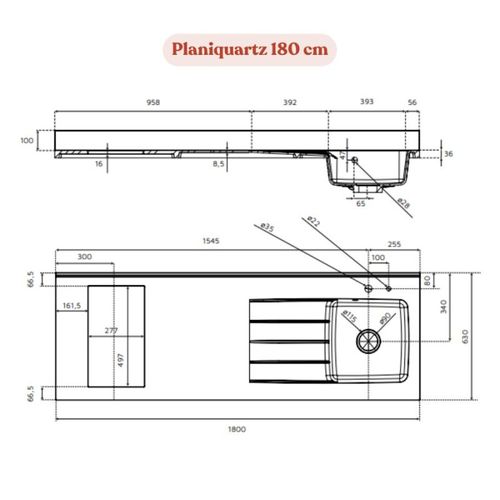 Plan Monobloc évier à Gauche 180 Cm - Snova - Plaque De Cuisson : Vitrocéramique