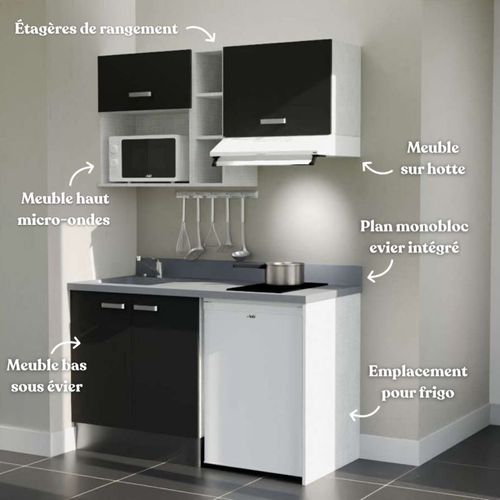 Kitchenette K13 - Noir - Plan Monobloc Cromo évier à Gauche