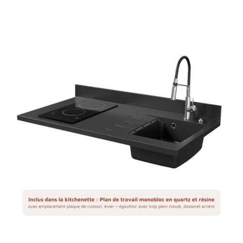 Kitchenette K08 - Noir - Plan Monobloc Nero évier à Droite - Electroménager Blanc Inclus