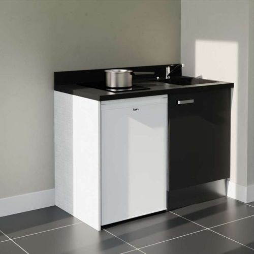 Kitchenette K08 - Noir - Plan Monobloc Nero évier à Droite - Electroménager Blanc Inclus