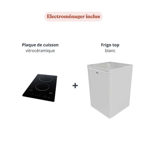 Kitchenette K08 - Noir - Plan Monobloc Nero évier à Droite - Electroménager Blanc Inclus