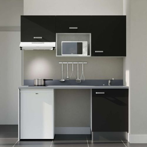 Kitchenette K55 - Noir - Plan Monobloc Cromo évier à Droite - Electroménager Blanc Inclus
