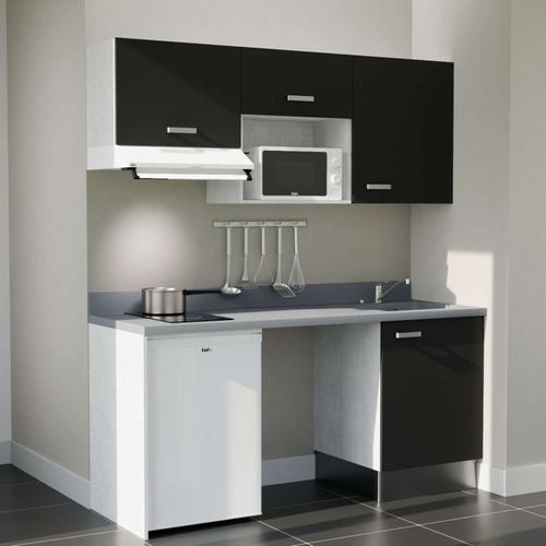 Kitchenette K55 - Noir - Plan Monobloc Cromo évier à Droite - Electroménager Blanc Inclus