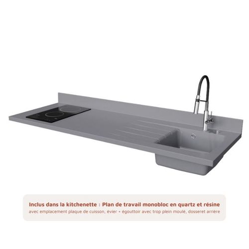 Kitchenette K55 - Noir - Plan Monobloc Cromo évier à Droite - Electroménager Blanc Inclus
