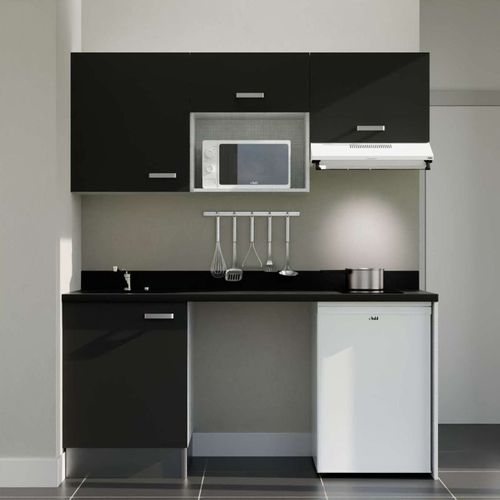 Kitchenette K55 - Noir - Plan Monobloc Nero évier à Gauche - Electroménager Blanc Inclus