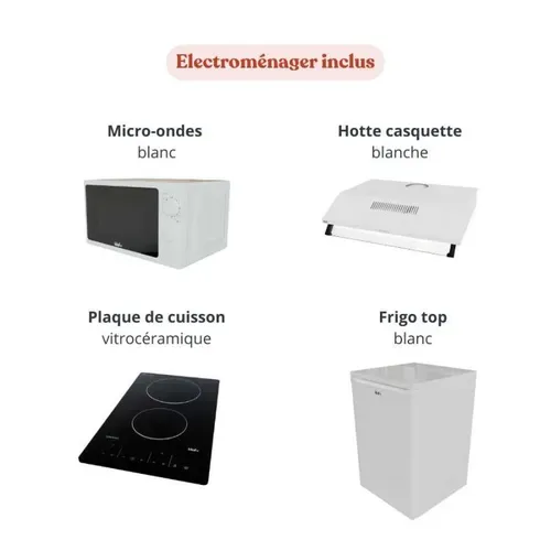 Kitchenette K55 - Noir - Plan Monobloc Nero évier à Gauche - Electroménager Blanc Inclus