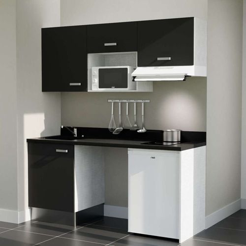 Kitchenette K55 - Noir - Plan Monobloc Nero évier à Gauche - Electroménager Blanc Inclus