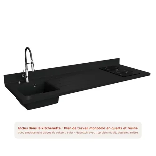 Kitchenette K55 - Noir - Plan Monobloc Nero évier à Gauche - Electroménager Blanc Inclus