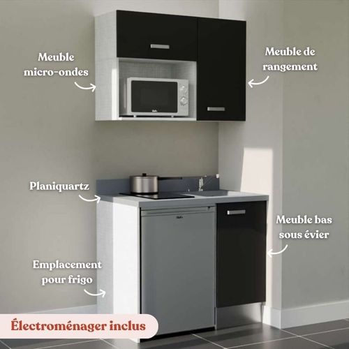 Kitchenette K00 - Noir - Plan Monobloc Cromo évier à Droite - Electroménager Inox Inclus