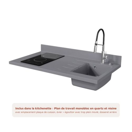Kitchenette K08 - Noir - Plan Monobloc Cromo évier à Droite - Electroménager Inox Inclus