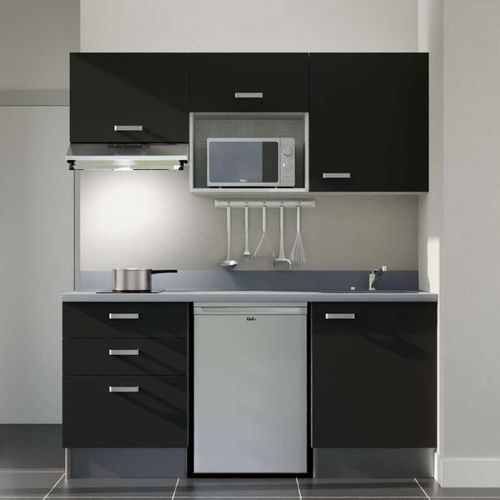 Kitchenette K20 - Noir - Plan Monobloc Cromo évier à Droite - Electroménager Inox Inclus