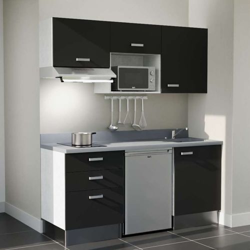 Kitchenette K20 - Noir - Plan Monobloc Cromo évier à Droite - Electroménager Inox Inclus
