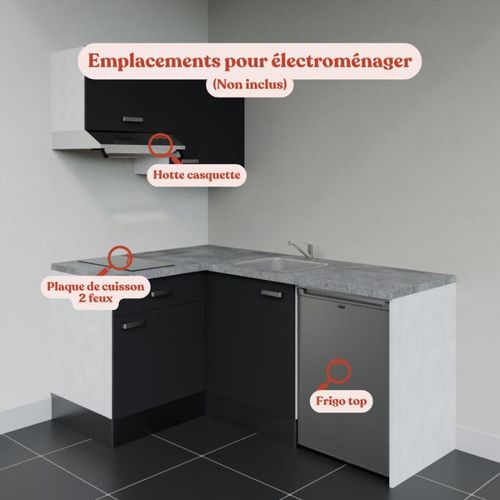 Kitchenette Ka02 - Noir - Plan Stratifié Gris Béton - Crédences : Non - Evier