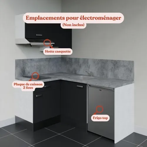 Kitchenette Ka02 - Noir - Plan Stratifié Gris Béton - Crédences : Oui - Evier