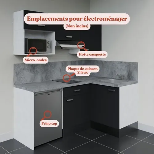 Kitchenette Ka03 - Noir - Plan Stratifié Gris Béton - Crédences : Oui - Evier